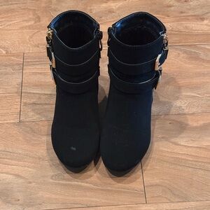 Black and Gold Ankle Boots with Edgy Buckle Details